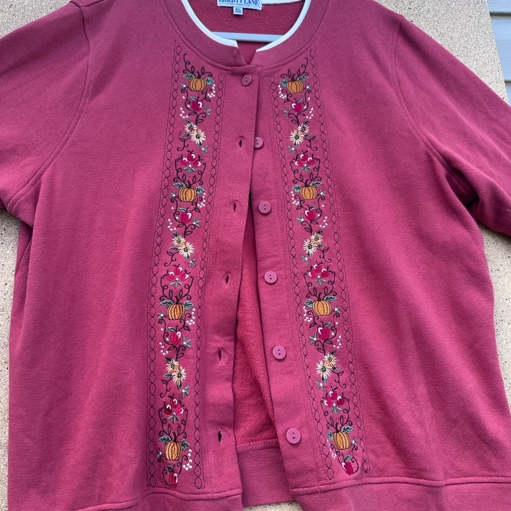 Liberty Lane Red Cardigan Sweater with Pumpkin  Embroidery Size XL